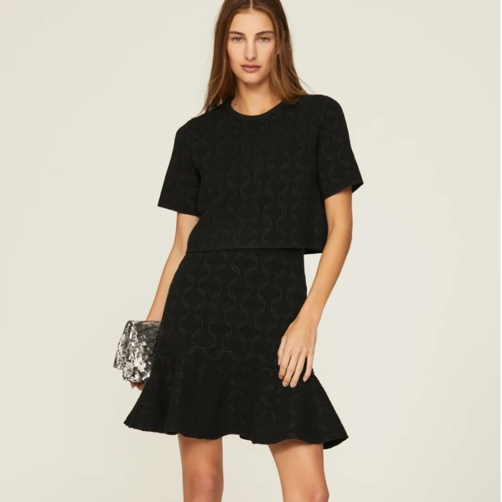 Maje Layered Peplum Black Knit Textured Attached Crop Short Sleeve Top Dress 36